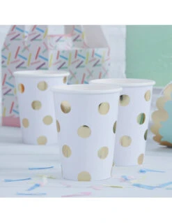 8 Gobelets Blancs Grands Pois Dorés