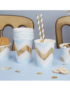 8 Gobelets Chevrons Dorés Et Bleu Ciel