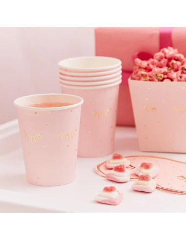 8 Gobelets Rose Pastel Cils Et Pois Dorés 2 8 Gobelets Rose Pastel Cils Et Pois Dorés – Image 2