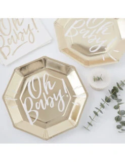 8 Grandes Assiettes Dorées Ecriture Oh Baby Blanche
