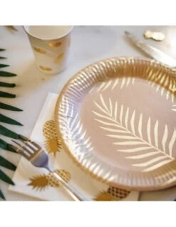 8 Grandes Assiettes Kraft Feuilles De Palmiers Dorés