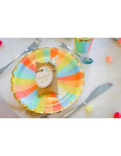 8 Grandes Assiettes Rayures Pastels Multicolores Bordure Frise Dorée