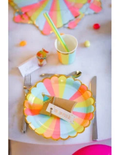 8 Grandes Assiettes Rayures Pastels Multicolores Bordure Frise Dorée -Déco Festive Soldes 8 grandes assiettes rayures pastels multicolores bordure frise doree 3