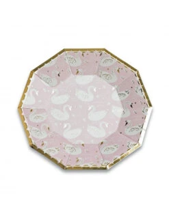 8 Grandes Assiettes Rose Pastel Cygnes Et Contour Doré