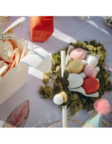 8 Pailles Lapin Or Avec Pompons Blanc 2 8 Pailles Lapin Or Avec Pompons Blanc – Image 2