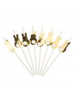8 Pailles Lapin Or Avec Pompons Blanc