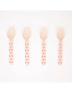 8 Petites Cuillères En Bois Etoiles Roses Imprimées