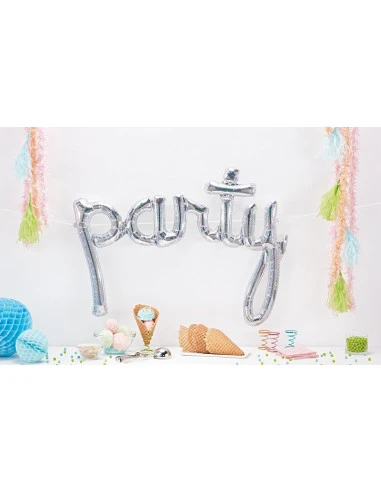 Ballon Métallique Argent Iridescent Mot "Party" 1 Ballon Métallique Argent Iridescent Mot "Party"