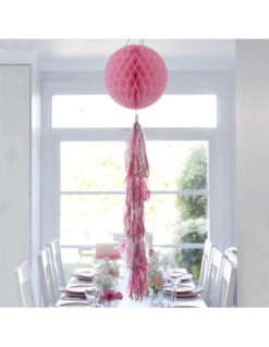Boule Alvéolée Rose Avec Longue Guirlande Tassel Rose Et Or