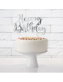 Cake Topper Happy Birthday Argent