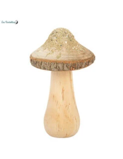 Champignon En Bois Avec Paillettes Or 10x14cms