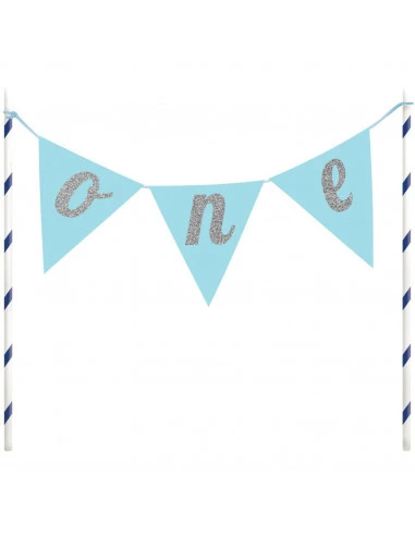 Décoration Gateau Fanions Bleus "One" Argent 1 Décoration Gateau Fanions Bleus "One" Argent
