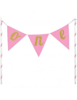 Décoration Gateau Fanions Roses One Doré