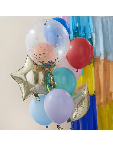 Kit 11 Ballons Confettis, Etoiles, Unis Multicolores 1 Kit 11 Ballons Confettis, Etoiles, Unis Multicolores