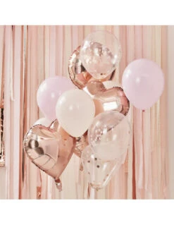 Kit 12 Ballons Confettis, Coeurs Rose Gold, Pêche